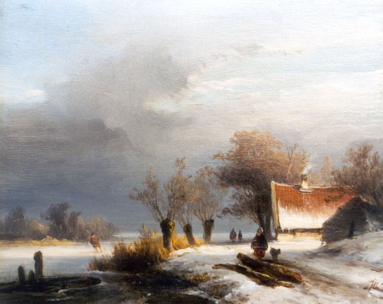 Hoppenbrouwers J.F.  | Johannes Franciscus Hoppenbrouwers, Winterlandschap met schaatser, olieverf op paneel 16,0 x 19,5 cm, gesigneerd rechtsonder met monogram