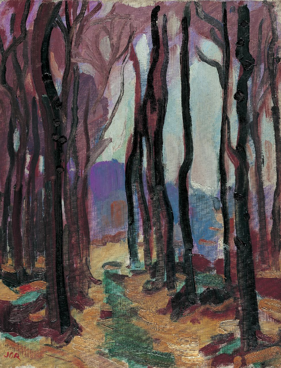 Jordens J.G. | 'Jan' Gerrit Jordens, In het bos, olieverf op doek 42,2 x 32,5 cm, gesigneerd linksonder monogram en verso gedateerd 1930 Jordens J.G. | 'Jan' Gerrit Jordens, In het bos, olieverf op doek 42,2 x 32,5 cm, gesigneerd linksonder monogram en verso gedateerd 1930