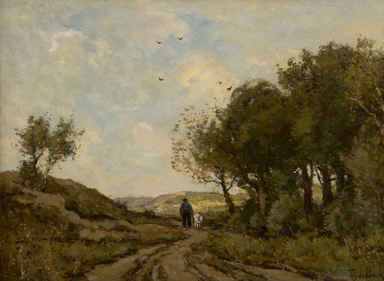 Bock T.E.A. de | Théophile Emile Achille de Bock, Geitenhoeder op een duinpad, olieverf op doek 42,8 x 58,0 cm, gesigneerd rechtsonder