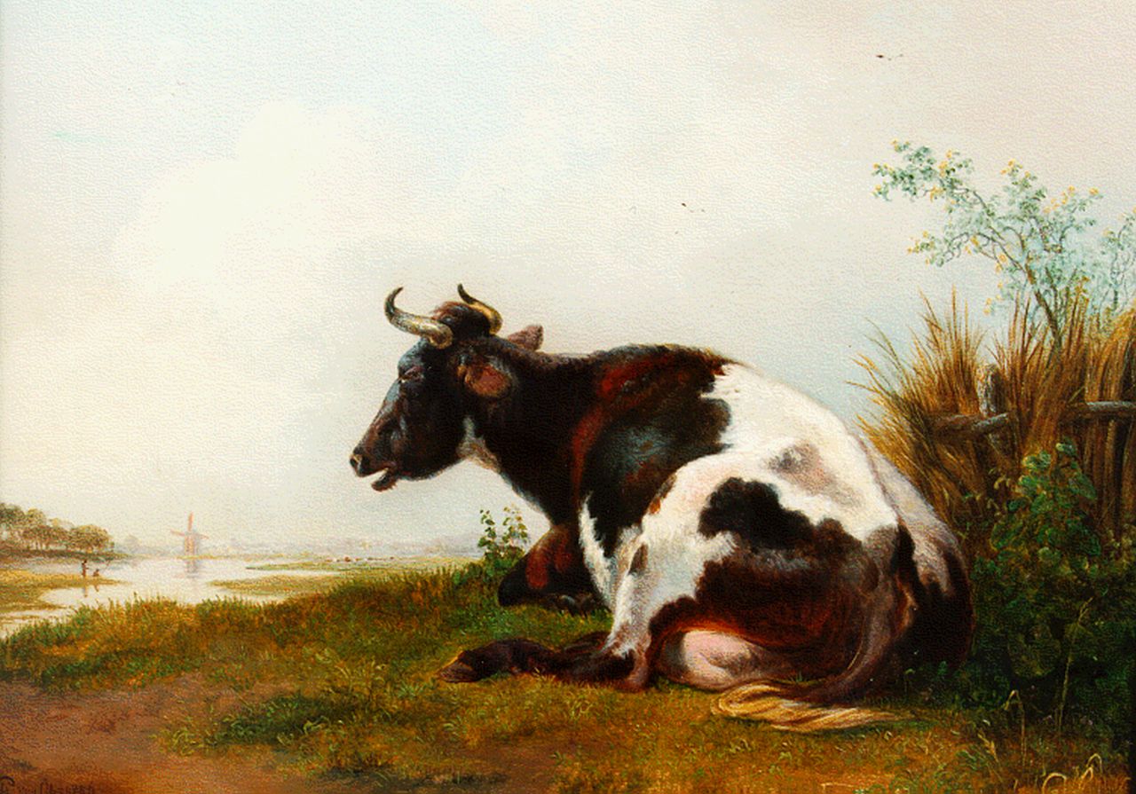 Os P.G. van | Pieter Gerardus van Os, Rustende koe langs de waterkant, olieverf op paneel 22,0 x 28,5 cm, gesigneerd linksonder en gedateerd 1836 Os P.G. van | Pieter Gerardus van Os, Rustende koe langs de waterkant, olieverf op paneel 22,0 x 28,5 cm, gesigneerd linksonder en gedateerd 1836