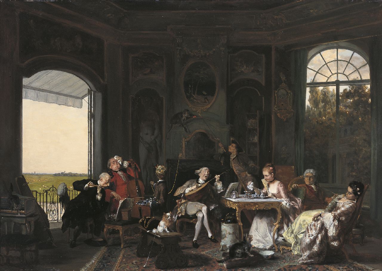 Bles D.J. | David Joseph Bles, Muziekliefhebberij op een warme dag op de buitenplaats Batavia, olieverf op paneel 52,5 x 73,2 cm, gesigneerd rechtsonder en verso gedateerd september 1874 Bles D.J. | David Joseph Bles, Muziekliefhebberij op een warme dag op de buitenplaats Batavia, olieverf op paneel 52,5 x 73,2 cm, gesigneerd rechtsonder en verso gedateerd september 1874
