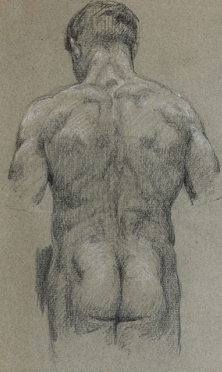 Roelofs O.W.A.  | Otto Willem Albertus 'Albert' Roelofs | Aquarellen en tekeningen te koop aangeboden | Naaktstudie van man op de rug gezien, zwart en wit krijt op papier 34,2 x 17,2 cm
