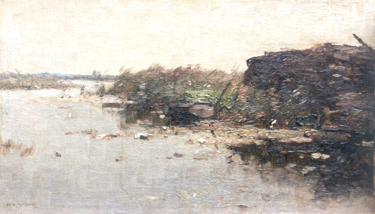 Knikker A. | Aris Knikker, Rivierlandschap met roeiboot, olieverf op doek op board 23,6 x 39,8 cm, gesigneerd linksonder Knikker A. | Aris Knikker, Rivierlandschap met roeiboot, olieverf op doek op board 23,6 x 39,8 cm, gesigneerd linksonder
