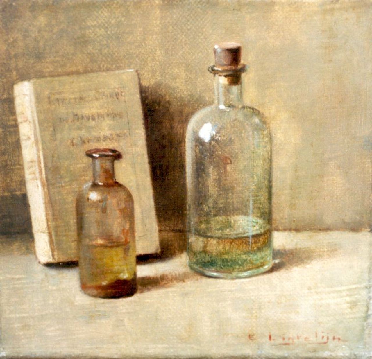 Ligtelijn E.J.  | Evert Jan Ligtelijn, Stilleven met apothekersflesjes, olieverf op doek 14,3 x 14,8 cm, gesigneerd rechtsonder