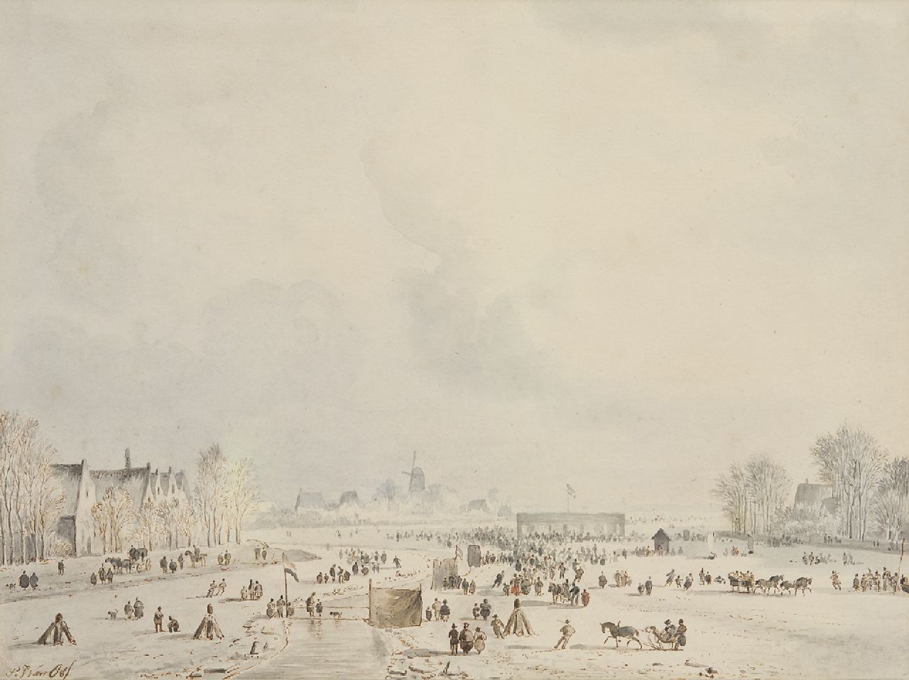 Pieter Frederik van Os | Wintervermaak, bruine inkt en aquarel op papier, 21,0 x 28,5 cm, gesigneerd l.o. Pieter Frederik van Os | Wintervermaak, bruine inkt en aquarel op papier, 21,0 x 28,5 cm, gesigneerd l.o.
