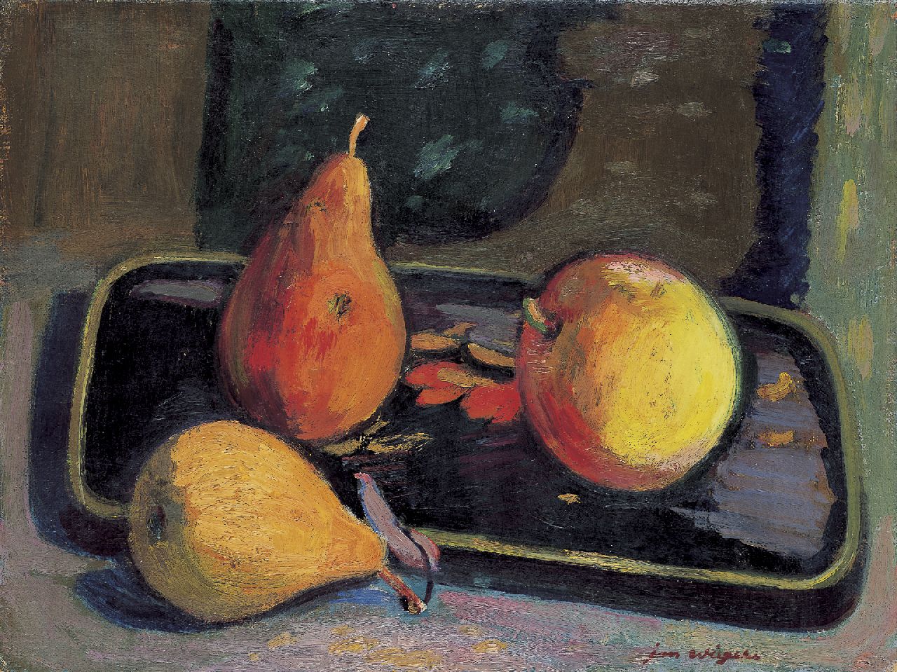 Wiegers J. | Jan Wiegers, Fruitstilleven, olieverf op doek 30,2 x 40,0 cm, gesigneerd rechtsonder Wiegers J. | Jan Wiegers, Fruitstilleven, olieverf op doek 30,2 x 40,0 cm, gesigneerd rechtsonder