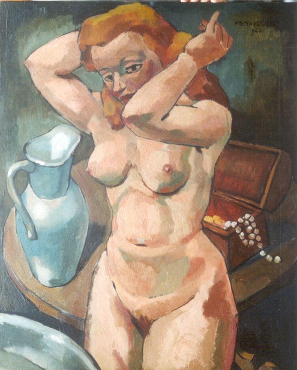 Krijger H.  | Hendrik Cornelis 'Henk' Krijger, Vrouwelijk naakt, olieverf op paneel 64,5 x 54,0 cm, gesigneerd rechtsboven en gedateerd 1942