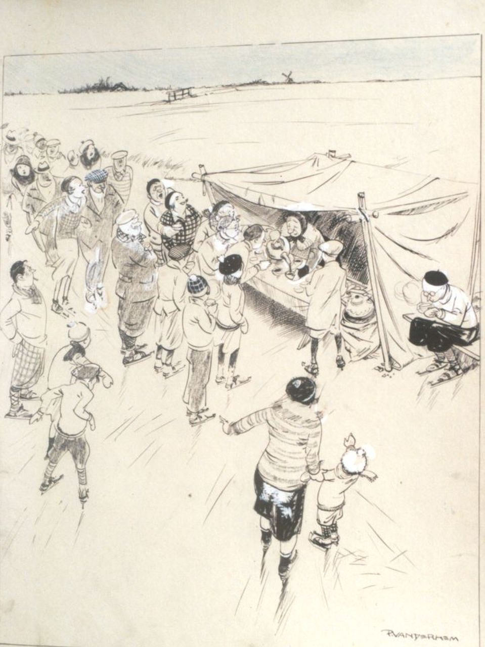 Hem P. van der | Pieter 'Piet' van der Hem, Opleving in zaken, Oost-Indische inkt, krijt en gouache op papier 48,0 x 35,5 cm, gesigneerd rechtsonder en te dateren 1933 Hem P. van der | Pieter 'Piet' van der Hem, Opleving in zaken, Oost-Indische inkt, krijt en gouache op papier 48,0 x 35,5 cm, gesigneerd rechtsonder en te dateren 1933