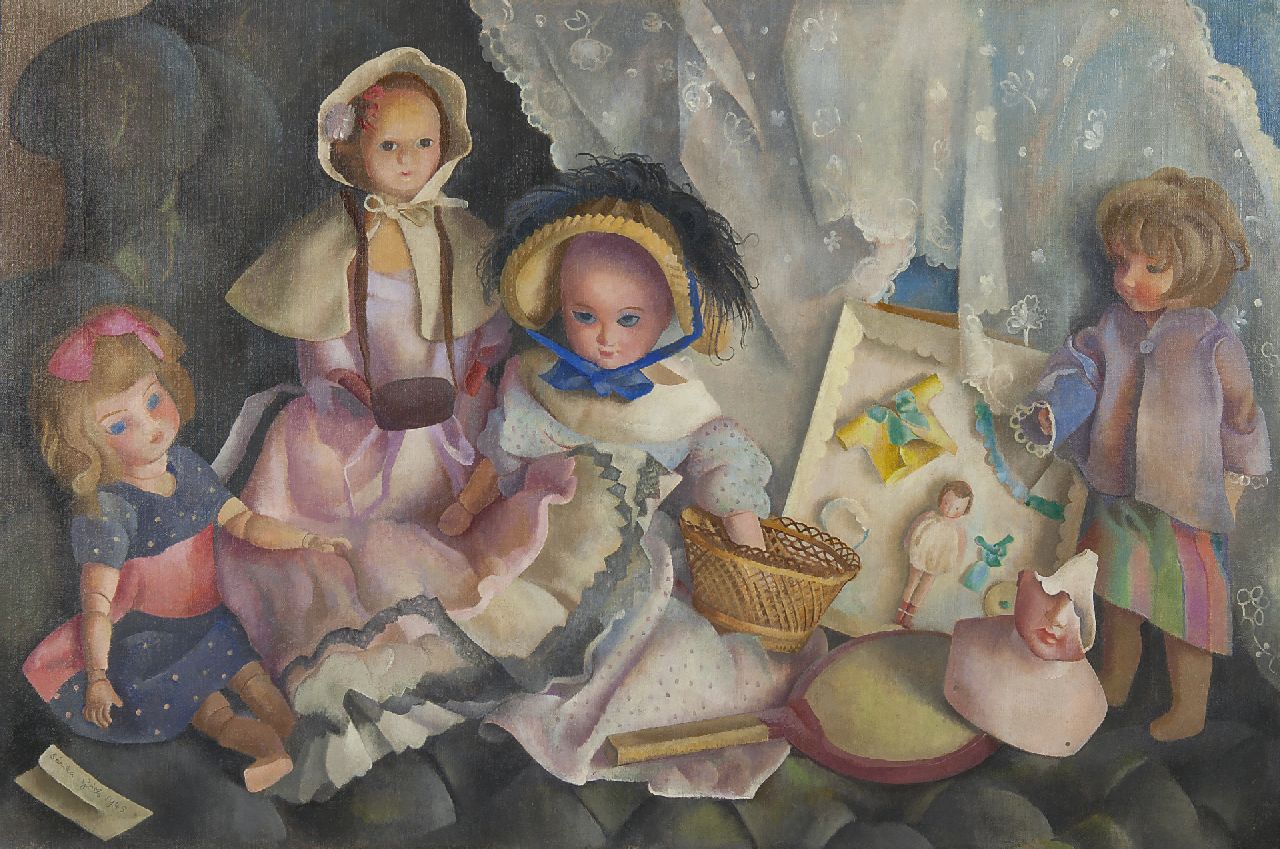 Góth C. | Charlotte 'Sarika' Góth | Schilderijen te koop aangeboden | Poppen, olieverf op doek 60,4 x 91,5 cm, gesigneerd linksonder en gedateerd 1948 Góth C. | Charlotte 'Sarika' Góth | Schilderijen te koop aangeboden | Poppen, olieverf op doek 60,4 x 91,5 cm, gesigneerd linksonder en gedateerd 1948