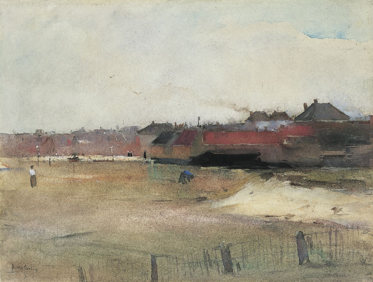 Arntzenius P.F.N.J. | Pieter Florentius Nicolaas Jacobus 'Floris' Arntzenius, Gezicht vanaf het strand op een dorpje met bleekveld, aquarel op papier 29,8 x 39,4 cm, gesigneerd linksonder en gedateerd '90/'95 Arntzenius P.F.N.J. | Pieter Florentius Nicolaas Jacobus 'Floris' Arntzenius, Gezicht vanaf het strand op een dorpje met bleekveld, aquarel op papier 29,8 x 39,4 cm, gesigneerd linksonder en gedateerd '90/'95