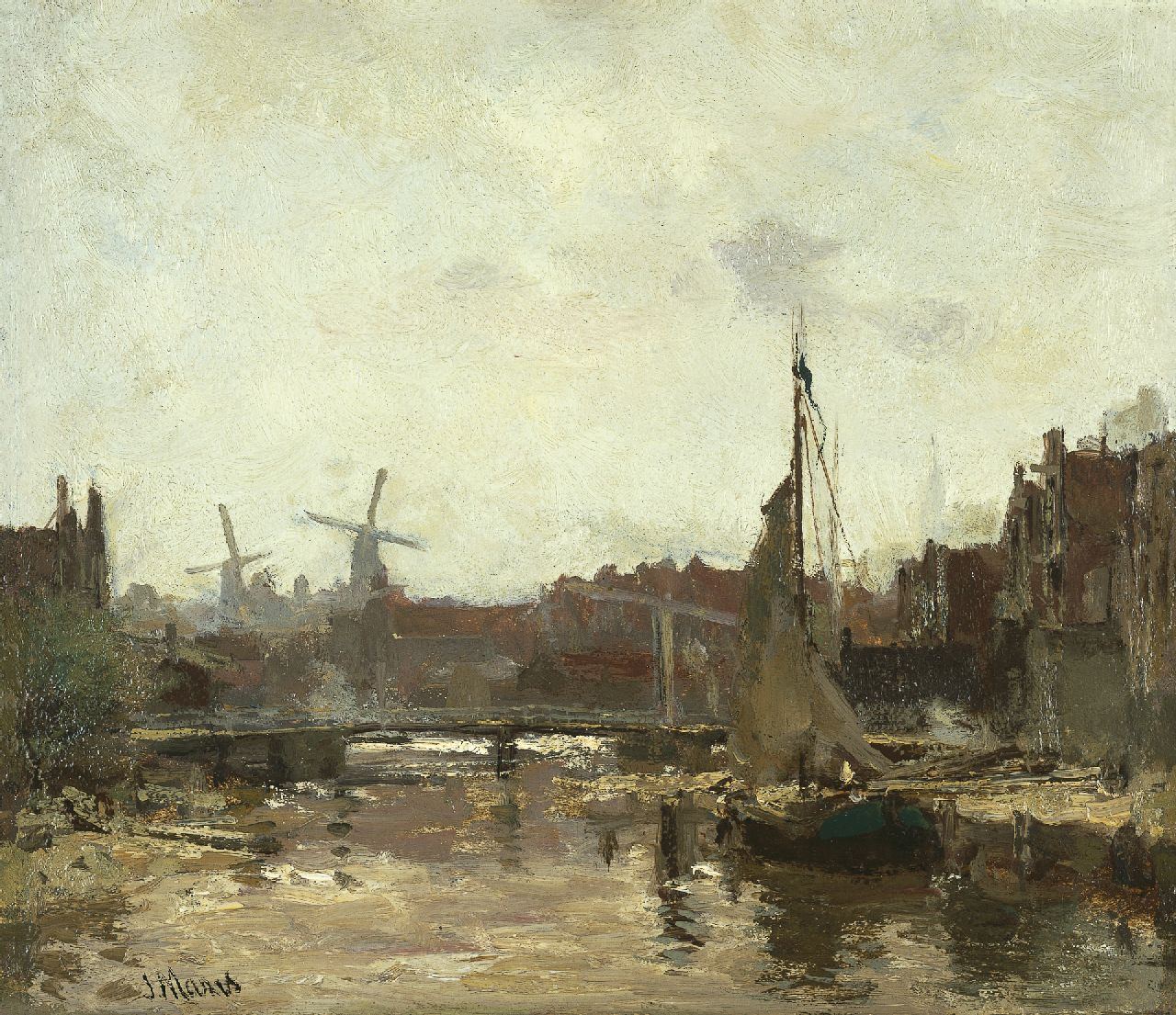 Maris J.H.  | Jacobus Hendricus 'Jacob' Maris, Gezicht op Schiedam, olieverf op paneel 24,3 x 28,1 cm, gesigneerd linksonder
