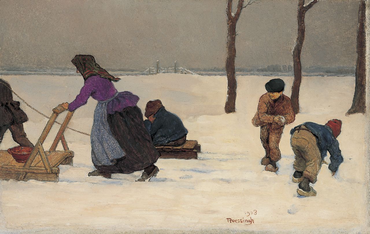 Roessingh L.A. | Louis Albert Roessingh, Sneeuwlandschap met spelende kinderen, olieverf op paneel 21,4 x 32,4 cm, gesigneerd r. v/h m. en gedateerd 1908 Roessingh L.A. | Louis Albert Roessingh, Sneeuwlandschap met spelende kinderen, olieverf op paneel 21,4 x 32,4 cm, gesigneerd r. v/h m. en gedateerd 1908
