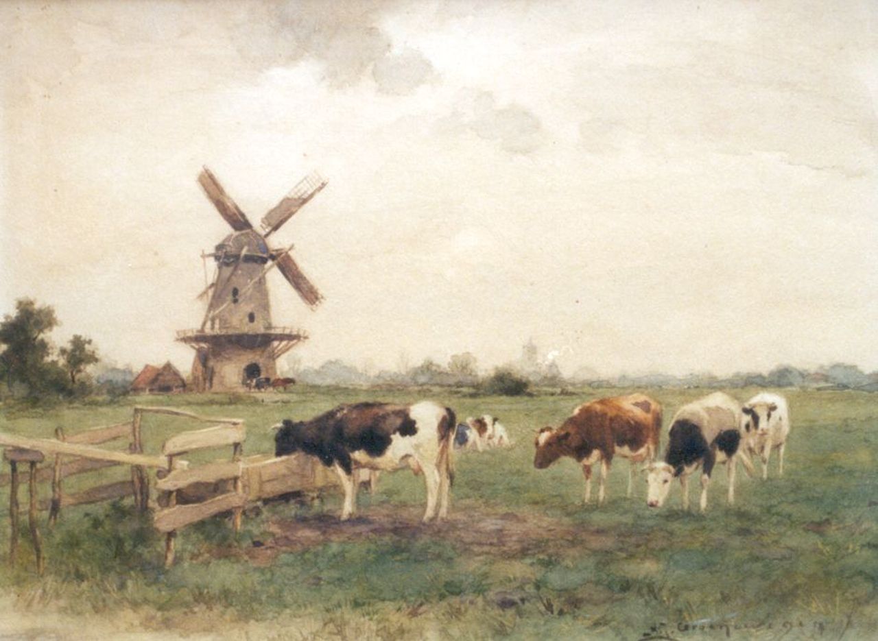 Groenewegen A.J. | Adrianus Johannes Groenewegen, Landschap met grazende koeien, aquarel op papier 30,9 x 40,3 cm, gesigneerd rechtsonder Groenewegen A.J. | Adrianus Johannes Groenewegen, Landschap met grazende koeien, aquarel op papier 30,9 x 40,3 cm, gesigneerd rechtsonder