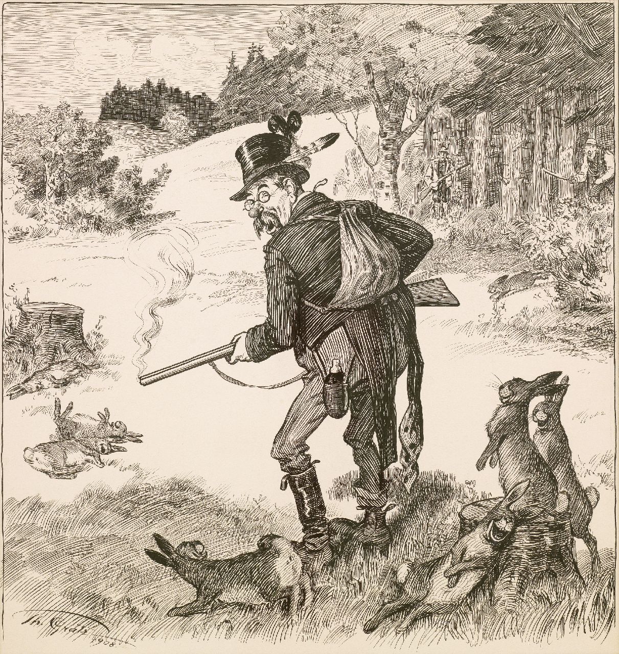 Graetz Th. | Theodor Graetz, De trefzekere schutter, pen en inkt op papier 40,0 x 42,0 cm, gesigneerd linksonder en gedateerd 1908 Graetz Th. | Theodor Graetz, De trefzekere schutter, pen en inkt op papier 40,0 x 42,0 cm, gesigneerd linksonder en gedateerd 1908