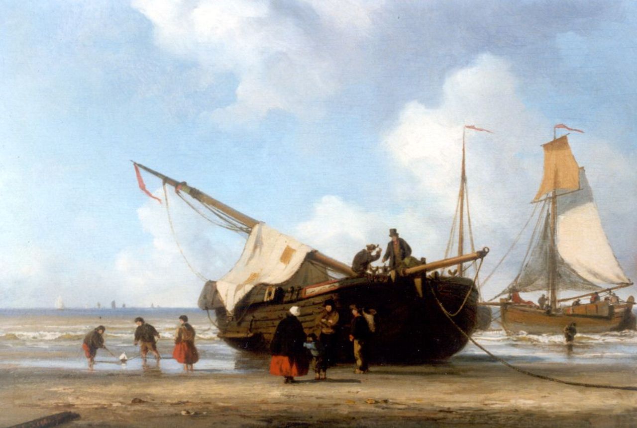 Kiers G.L. | George Lourens Kiers, Bedrijvigheid op het strand, olieverf op paneel 24,0 x 35,3 cm, gesigneerd linksonder Kiers G.L. | George Lourens Kiers, Bedrijvigheid op het strand, olieverf op paneel 24,0 x 35,3 cm, gesigneerd linksonder