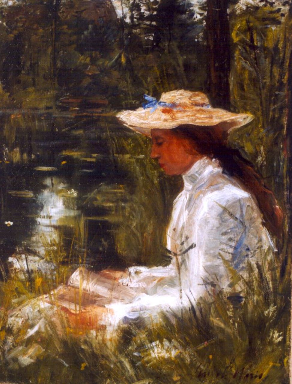 Maris S.W. | Simon Willem Maris, Lezende jongedame bij een bosvijver, olieverf op doek 52,3 x 40,0 cm, gesigneerd rechtsonder Maris S.W. | Simon Willem Maris, Lezende jongedame bij een bosvijver, olieverf op doek 52,3 x 40,0 cm, gesigneerd rechtsonder