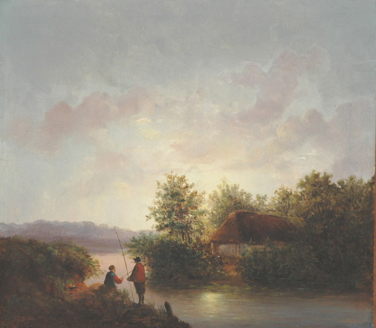 Hans J.G. | Josephus Gerardus Hans, Vissers in een rivierlandschap bij ondergaande zon, olieverf op paneel 27,1 x 31,1 cm, gesigneerd linksonder en gedateerd '47 Hans J.G. | Josephus Gerardus Hans, Vissers in een rivierlandschap bij ondergaande zon, olieverf op paneel 27,1 x 31,1 cm, gesigneerd linksonder en gedateerd '47