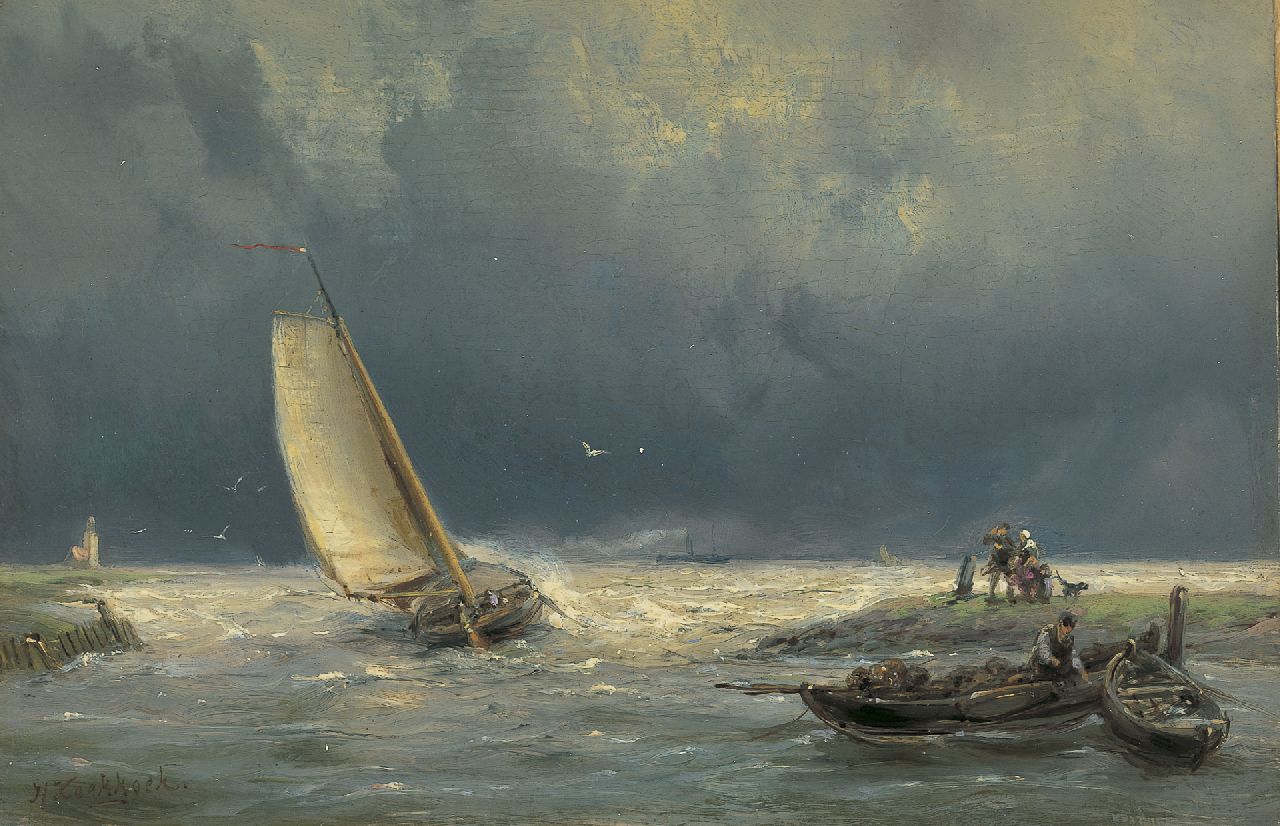 Koekkoek H. | Hermanus Koekkoek, Uitvarende botter op woelige zee, olieverf op paneel 13,8 x 21,0 cm, gesigneerd linksonder Koekkoek H. | Hermanus Koekkoek, Uitvarende botter op woelige zee, olieverf op paneel 13,8 x 21,0 cm, gesigneerd linksonder