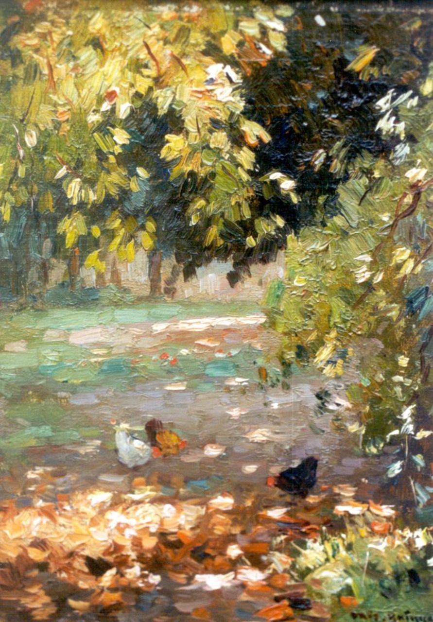 Knikker A. | Aris Knikker, Kippen in het bos, olieverf op doek op schildersboard 23,9 x 18,0 cm, gesigneerd rechtsonder Knikker A. | Aris Knikker, Kippen in het bos, olieverf op doek op schildersboard 23,9 x 18,0 cm, gesigneerd rechtsonder