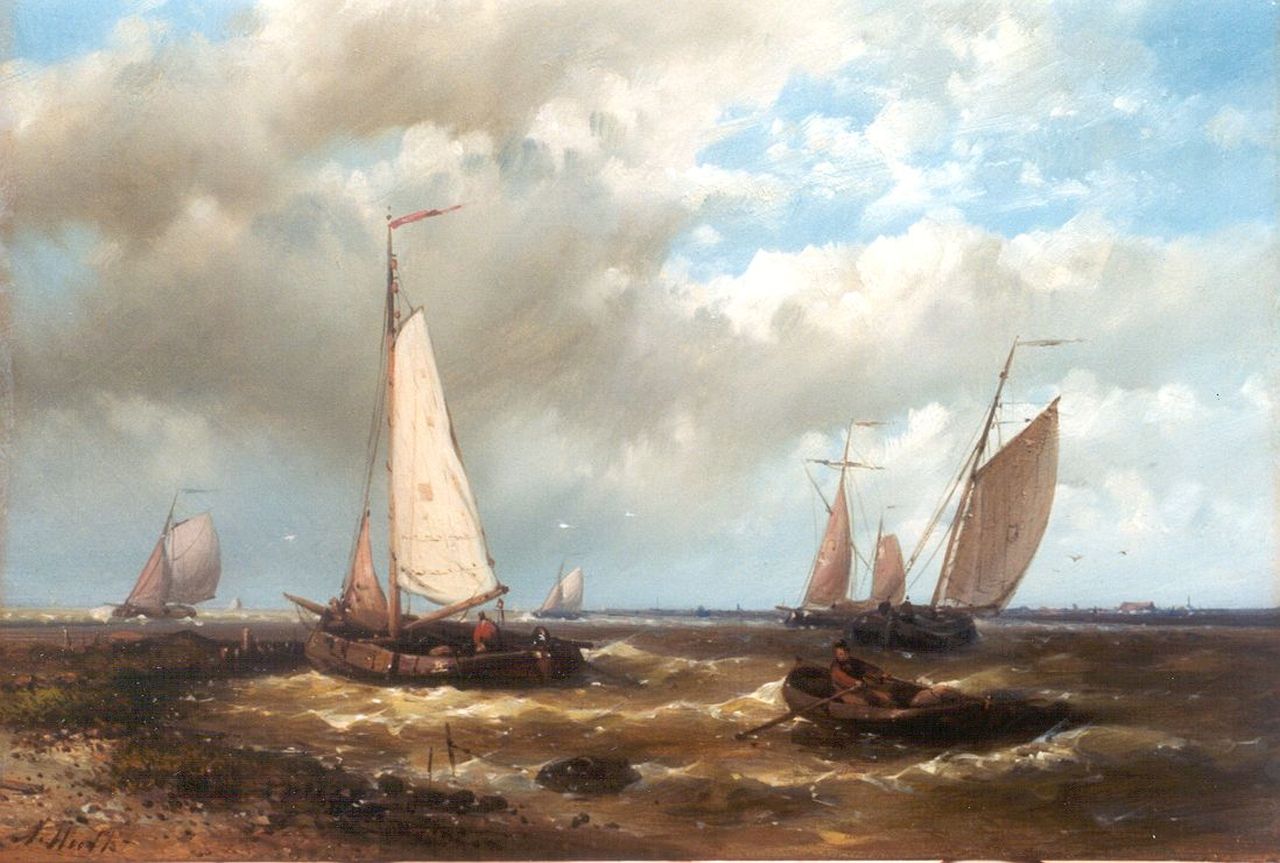 Hulk A.  | Abraham Hulk, Zeilschepen op woelige zee, olieverf op paneel 17,5 x 25,5 cm, gesigneerd linksonder