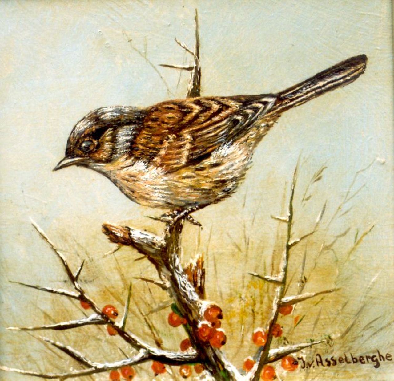 Asselberghe J. van | van Asselberghe, Heggemus op rozebottelstruik, olieverf op paneel 13,0 x 13,0 cm, gesigneerd rechtsonder