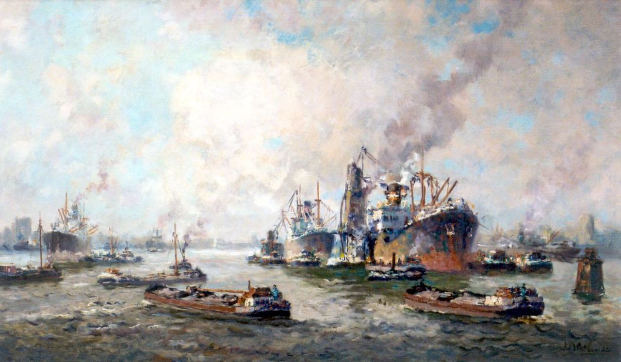 Molenaar J.P. | Johannes Petrus 'Joop' Molenaar, Op de Maas voor Rotterdam, olieverf op doek 59,9 x 99,9 cm, gesigneerd rechtsonder Molenaar J.P. | Johannes Petrus 'Joop' Molenaar, Op de Maas voor Rotterdam, olieverf op doek 59,9 x 99,9 cm, gesigneerd rechtsonder