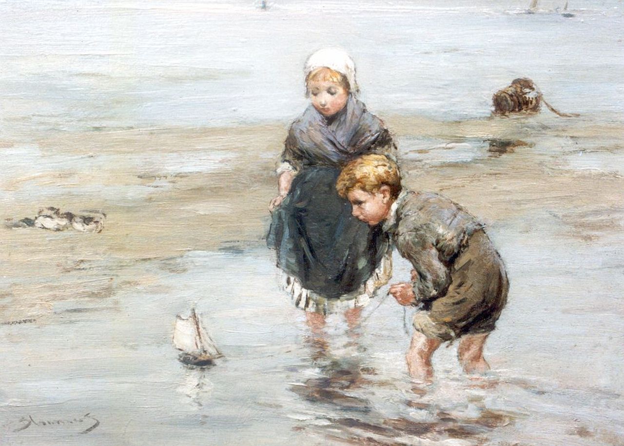 Blommers B.J.  | Bernardus Johannes 'Bernard' Blommers, Spelevaren aan het strand, olieverf op paneel 19,5 x 26,9 cm, gesigneerd linksonder
