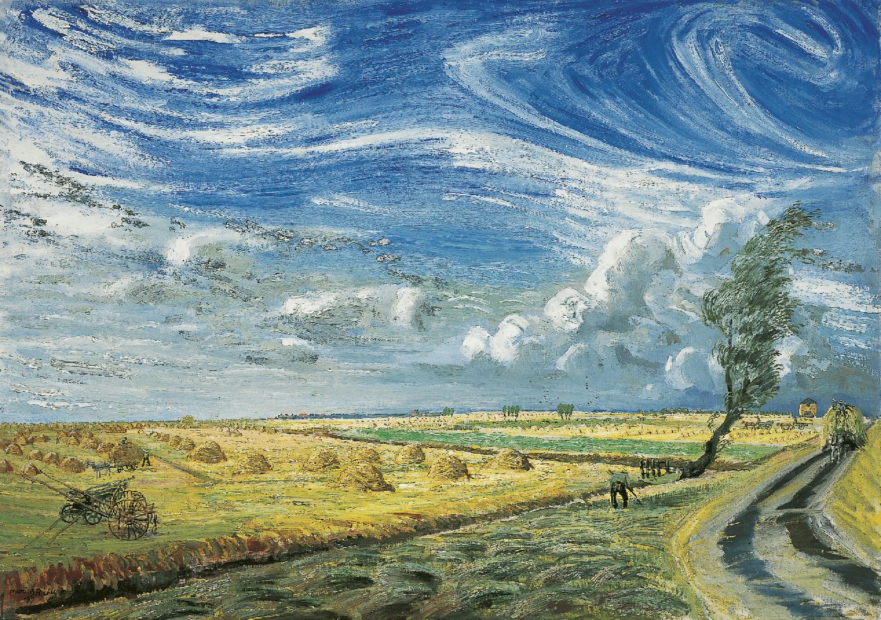 Richters M.J. | 'Marius' Johannes Richters, Hooioppers onder bewogen wolkenlucht, olieverf op doek 77,3 x 109,5 cm, gesigneerd linksonder en gedateerd '37 Richters M.J. | 'Marius' Johannes Richters, Hooioppers onder bewogen wolkenlucht, olieverf op doek 77,3 x 109,5 cm, gesigneerd linksonder en gedateerd '37