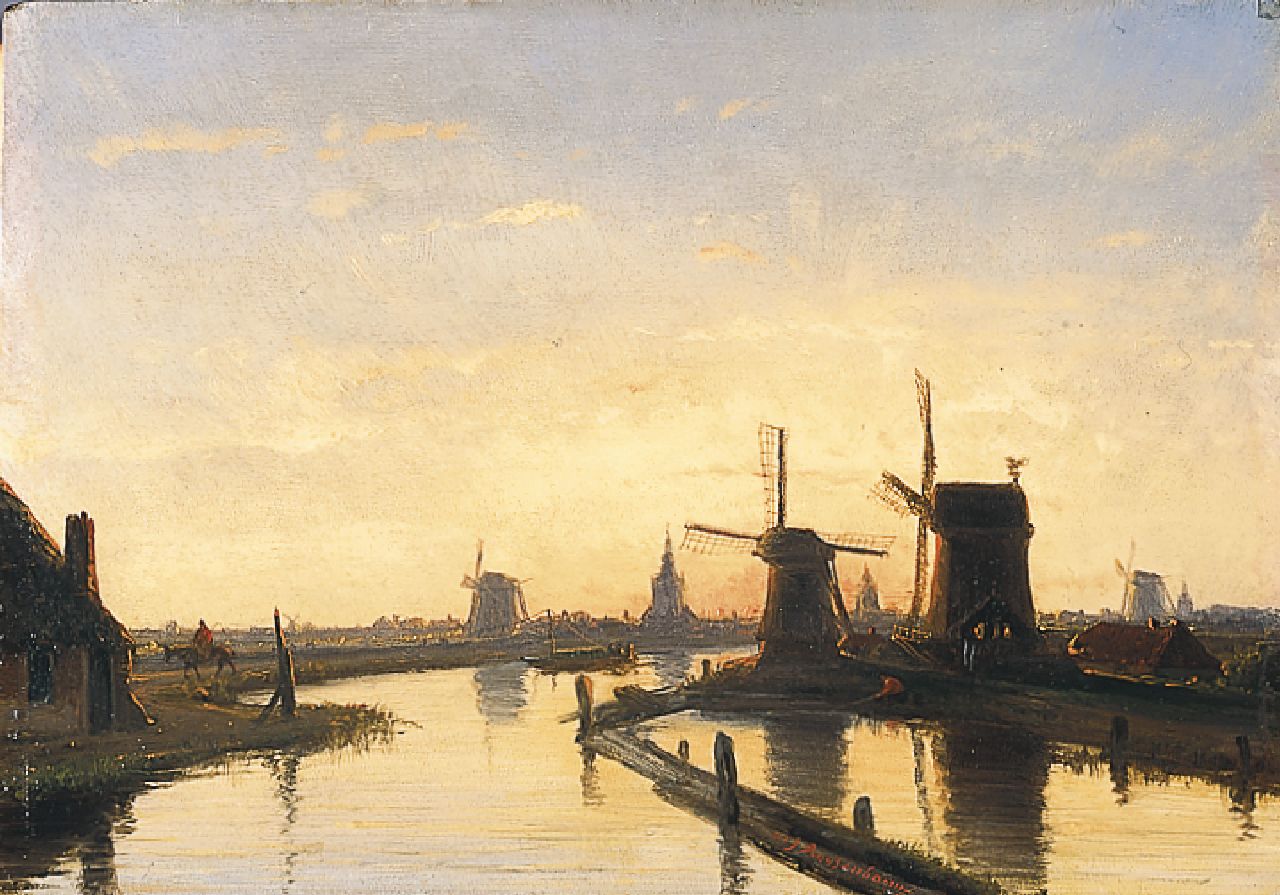 Roosenboom N.J.  | Nicolaas Johannes Roosenboom, Molens langs een vaart bij Overschie, olieverf op paneel 21,5 x 30,8 cm, gesigneerd r. v/h m.