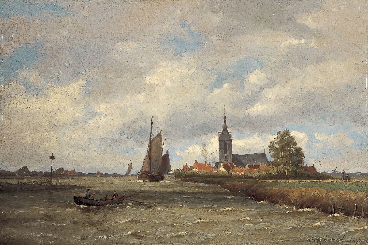 Koekkoek G.J.  | Gerardus Johannes 'Gerard' Koekkoek, Dorp aan het water, olieverf op doek 40,7 x 60,5 cm, gesigneerd rechtsonder met 'J. Gérard' en gedateerd 1890
