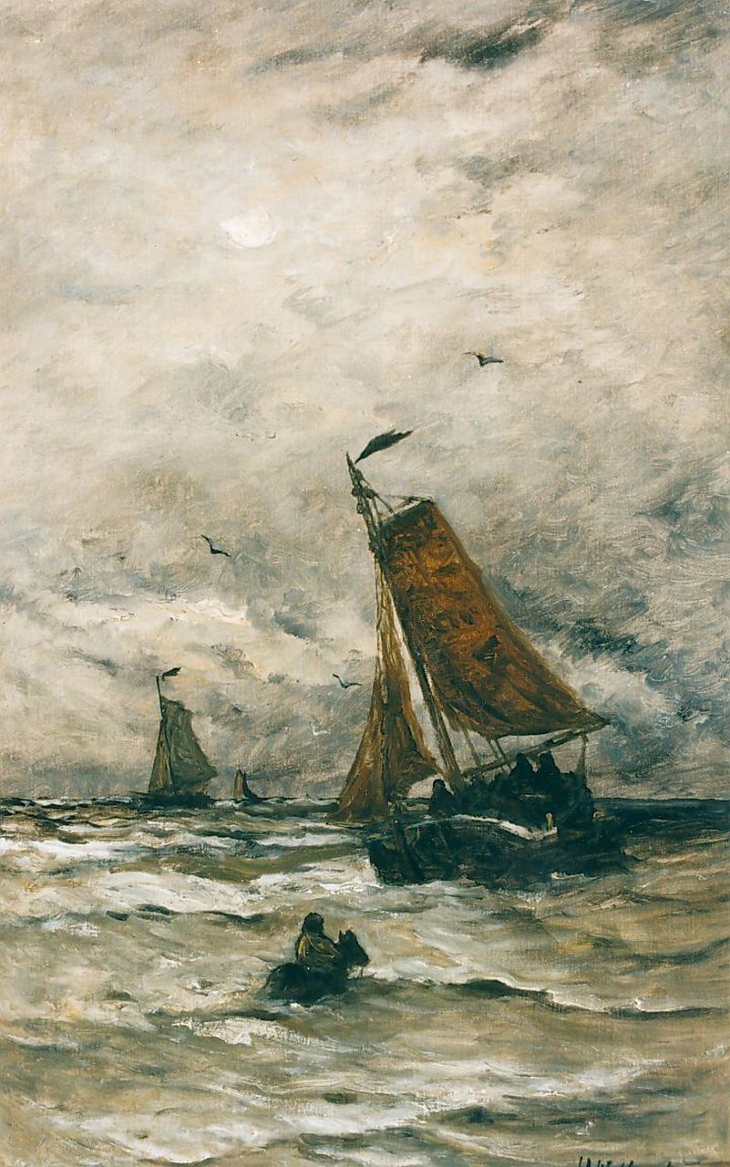 Mesdag H.W. | Hendrik Willem Mesdag, Lijnhaalder en vissersboten in de branding, olieverf op doek 78,0 x 48,2 cm Mesdag H.W. | Hendrik Willem Mesdag, Lijnhaalder en vissersboten in de branding, olieverf op doek 78,0 x 48,2 cm