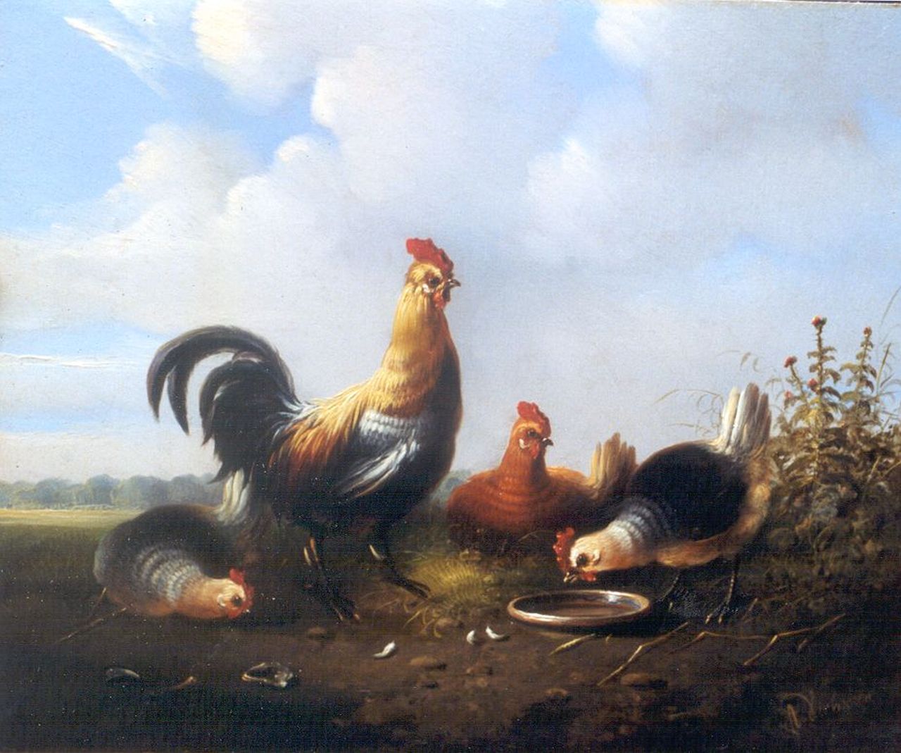 Verhoesen A. | Albertus Verhoesen, Pluimvee in een wei, olieverf op paneel 19,7 x 23,7 cm, gesigneerd rechtsonder Verhoesen A. | Albertus Verhoesen, Pluimvee in een wei, olieverf op paneel 19,7 x 23,7 cm, gesigneerd rechtsonder