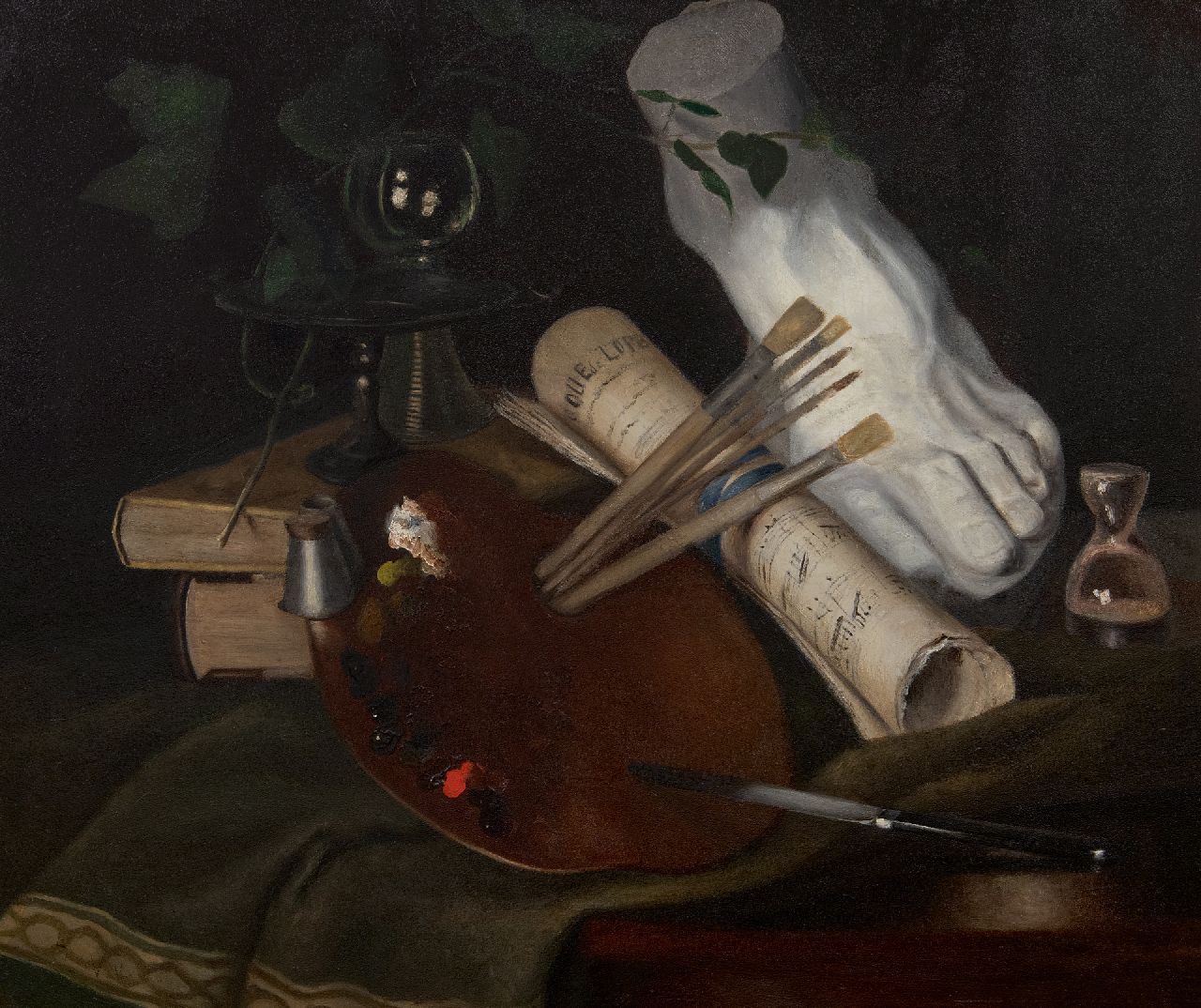Kasteele J.M. van de | Johanna Margaretha van de Kasteele | Schilderijen te koop aangeboden | Stilleven met schilderspalet, olieverf op paneel 45,0 x 53,0 cm, gesigneerd linksonder met initialen Kasteele J.M. van de | Johanna Margaretha van de Kasteele | Schilderijen te koop aangeboden | Stilleven met schilderspalet, olieverf op paneel 45,0 x 53,0 cm, gesigneerd linksonder met initialen