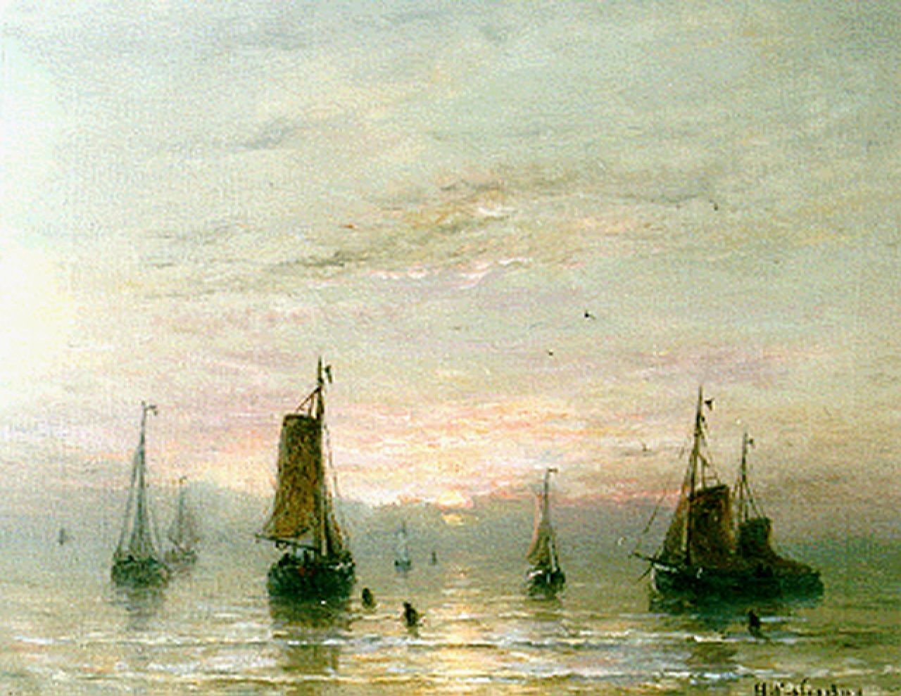 Mesdag H.W. | Hendrik Willem Mesdag, Uitvarende vloot bij zonsondergang, olieverf op doek 40,0 x 51,2 cm, gesigneerd rechtsonder Mesdag H.W. | Hendrik Willem Mesdag, Uitvarende vloot bij zonsondergang, olieverf op doek 40,0 x 51,2 cm, gesigneerd rechtsonder