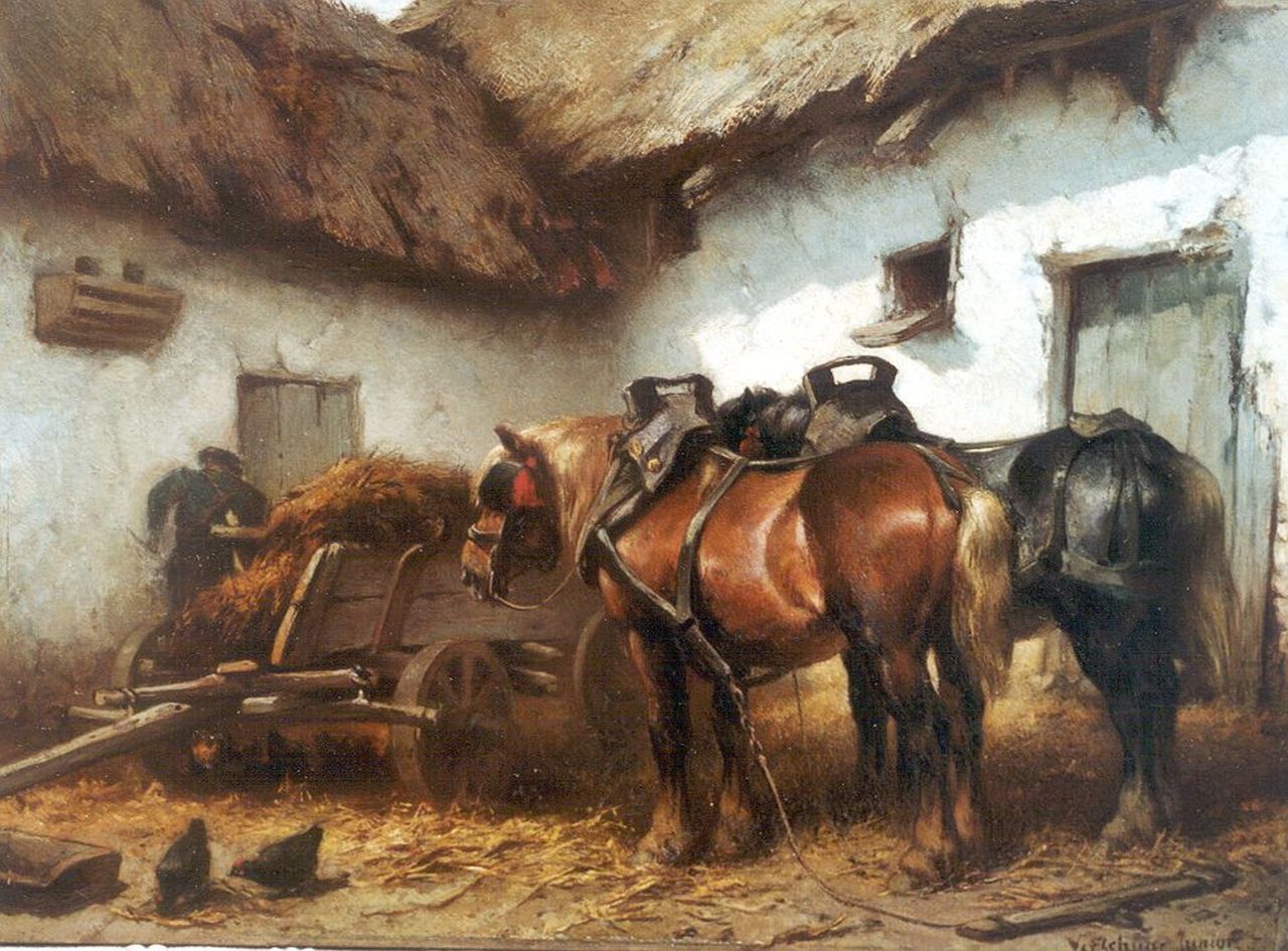 Verschuur jr. W. | Wouter Verschuur jr., Boer en werkpaarden op boerenerf, olieverf op paneel 24,5 x 33,4 cm, gesigneerd rechtsonder Verschuur jr. W. | Wouter Verschuur jr., Boer en werkpaarden op boerenerf, olieverf op paneel 24,5 x 33,4 cm, gesigneerd rechtsonder