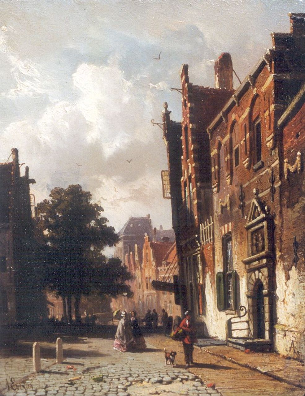 Eversen A. | Adrianus Eversen, Zonnig straatje met figuren, olieverf op paneel 19,0 x 15,0 cm, gesigneerd linksonder en met monogram rechtsonder Eversen A. | Adrianus Eversen, Zonnig straatje met figuren, olieverf op paneel 19,0 x 15,0 cm, gesigneerd linksonder en met monogram rechtsonder