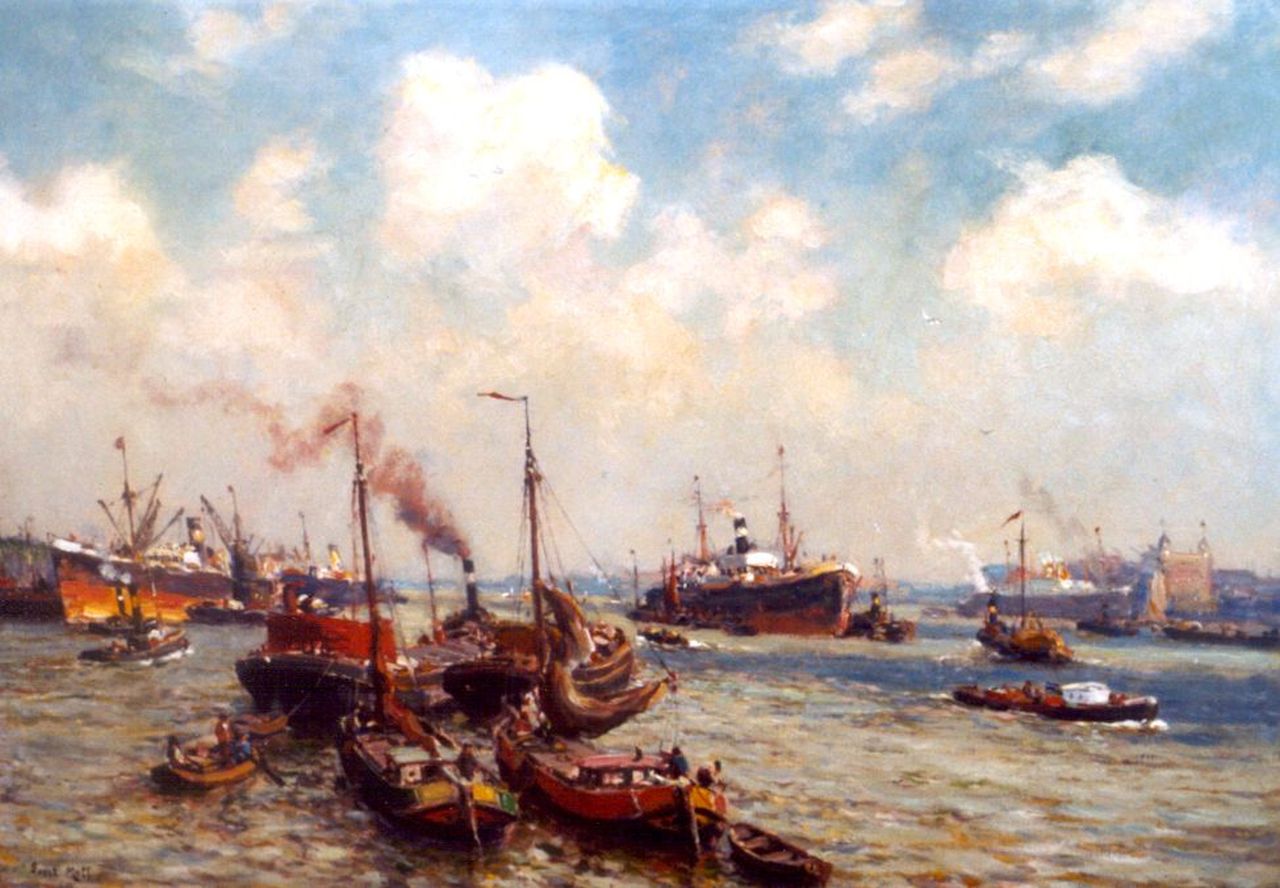 Moll E.  | Evert Moll, De haven van Rotterdam bij het gebouw van de Holland-Amerika Lijn, olieverf op doek 60,4 x 80,4 cm, gesigneerd linksonder