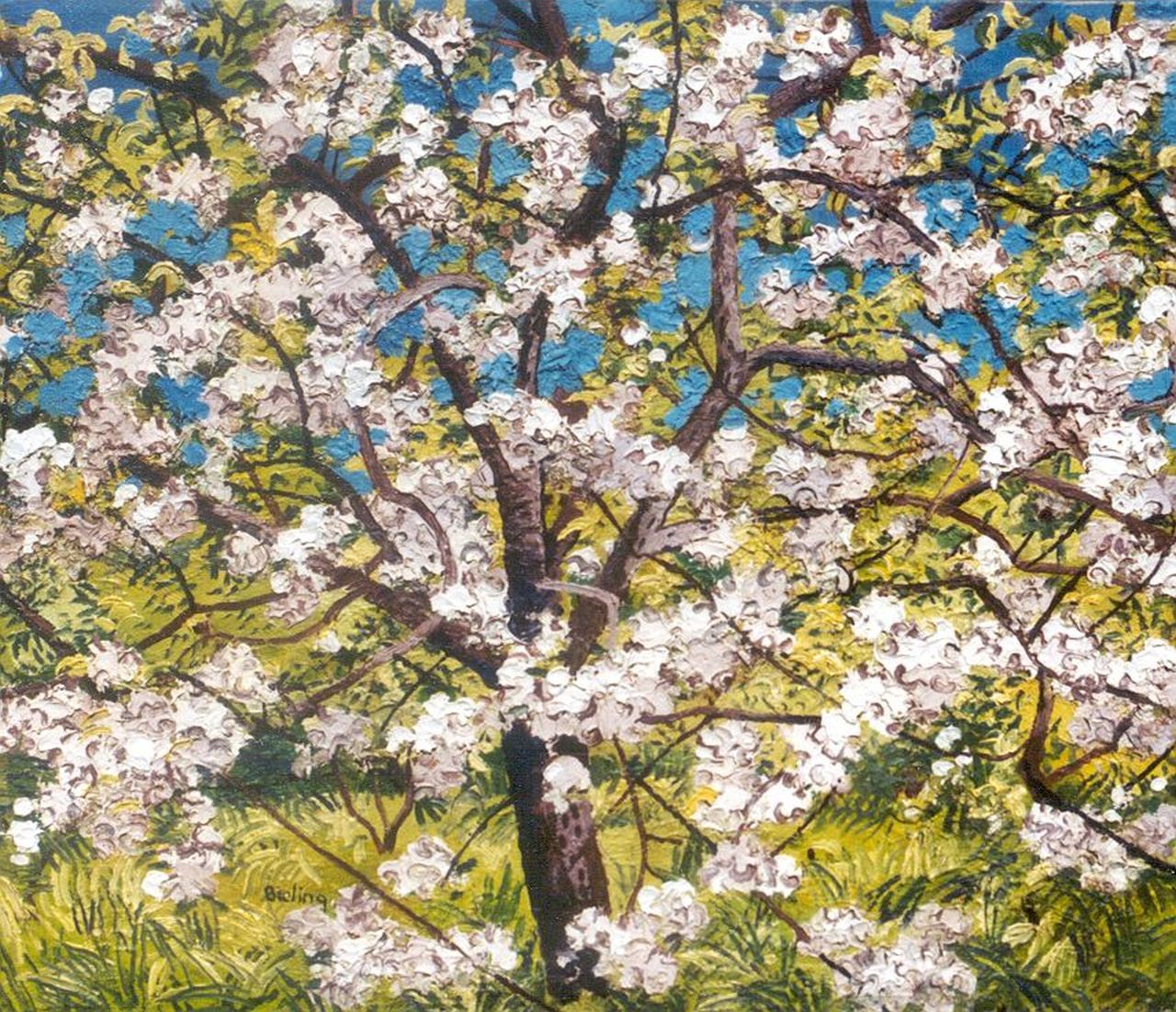 Bieling H.F.  | Hermann Friederich 'Herman' Bieling, Bloeiende appelboom, olieverf op doek 46,5 x 54,9 cm, gesigneerd linksonder en verso op etiket op spieraam