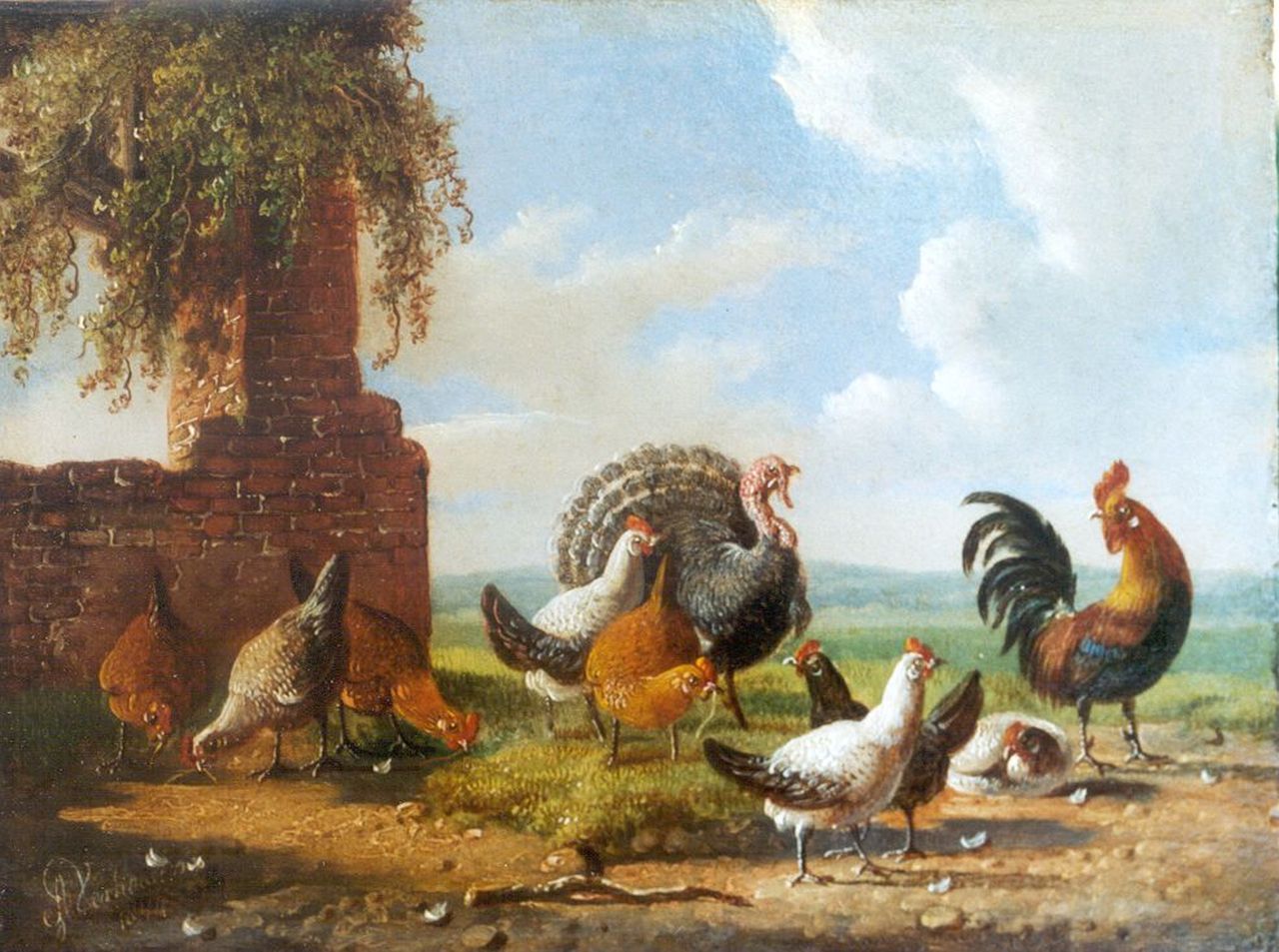 Verhoesen A. | Albertus Verhoesen, Kippen en kalkoen in een landschap, olieverf op paneel 13,1 x 17,3 cm, gesigneerd linksonder en gedateerd 1854 Verhoesen A. | Albertus Verhoesen, Kippen en kalkoen in een landschap, olieverf op paneel 13,1 x 17,3 cm, gesigneerd linksonder en gedateerd 1854