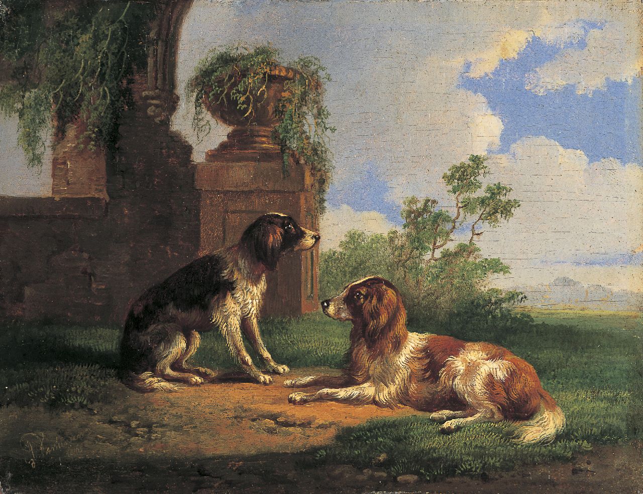 Verhoesen A.  | Albertus Verhoesen, Twee retrievers, olieverf op paneel 13,0 x 16,9 cm, gesigneerd linksonder en gedateerd 1865