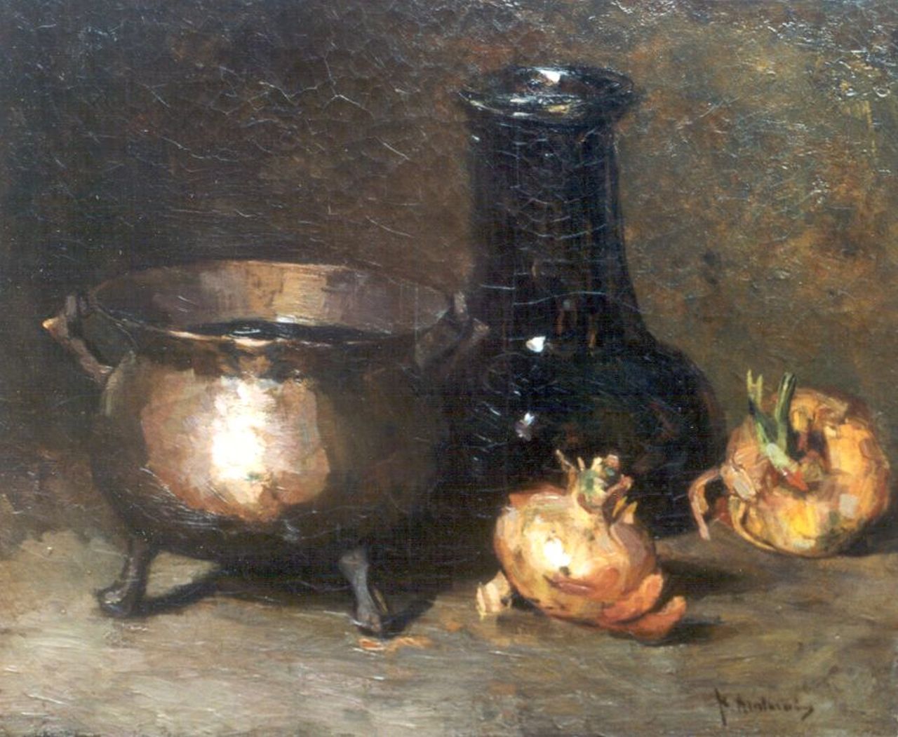 Arntzenius P.F.N.J. | Pieter Florentius Nicolaas Jacobus 'Floris' Arntzenius, Stilleven met uien en een koperen pot, olieverf op doek 38,5 x 46,3 cm, gesigneerd rechtsonder Arntzenius P.F.N.J. | Pieter Florentius Nicolaas Jacobus 'Floris' Arntzenius, Stilleven met uien en een koperen pot, olieverf op doek 38,5 x 46,3 cm, gesigneerd rechtsonder