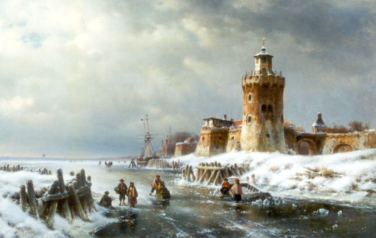 Kleijn L.J. | Lodewijk Johannes Kleijn, Wandelaars en schaatsers op het ijs bij een stadsmuur, olieverf op paneel 66,5 x 102,3 cm, gesigneerd linksonder Kleijn L.J. | Lodewijk Johannes Kleijn, Wandelaars en schaatsers op het ijs bij een stadsmuur, olieverf op paneel 66,5 x 102,3 cm, gesigneerd linksonder