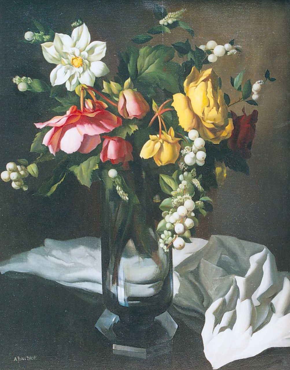 Hoff A.J. van 't | Adrianus Johannes 'Adriaan' van 't Hoff, Bloemstilleven, olieverf op doek 50,0 x 40,2 cm, gesigneerd linksonder