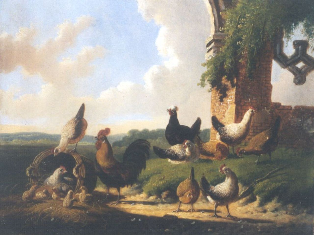 Verhoesen A. | Albertus Verhoesen, Pluimvee bij een ruïne, olieverf op paneel 18,2 x 23,7 cm, gesigneerd links van het midden. en gedateerd 1874 Verhoesen A. | Albertus Verhoesen, Pluimvee bij een ruïne, olieverf op paneel 18,2 x 23,7 cm, gesigneerd links van het midden. en gedateerd 1874