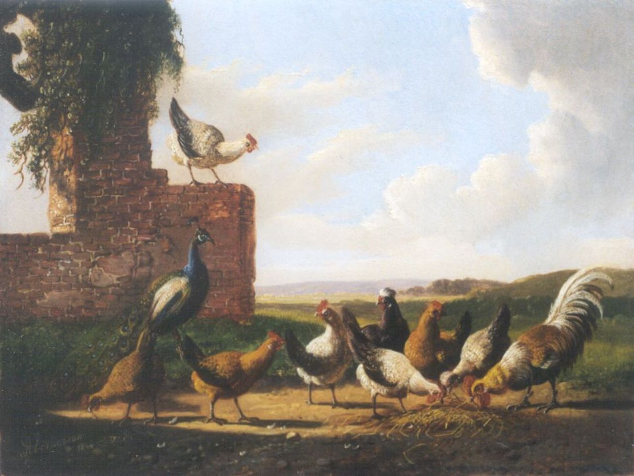 Verhoesen A. | Albertus Verhoesen, Haan, kippen en een pauw bij een ruïne, olieverf op paneel 18,1 x 23,8 cm, gesigneerd linksonder en gedateerd 1874 Verhoesen A. | Albertus Verhoesen, Haan, kippen en een pauw bij een ruïne, olieverf op paneel 18,1 x 23,8 cm, gesigneerd linksonder en gedateerd 1874