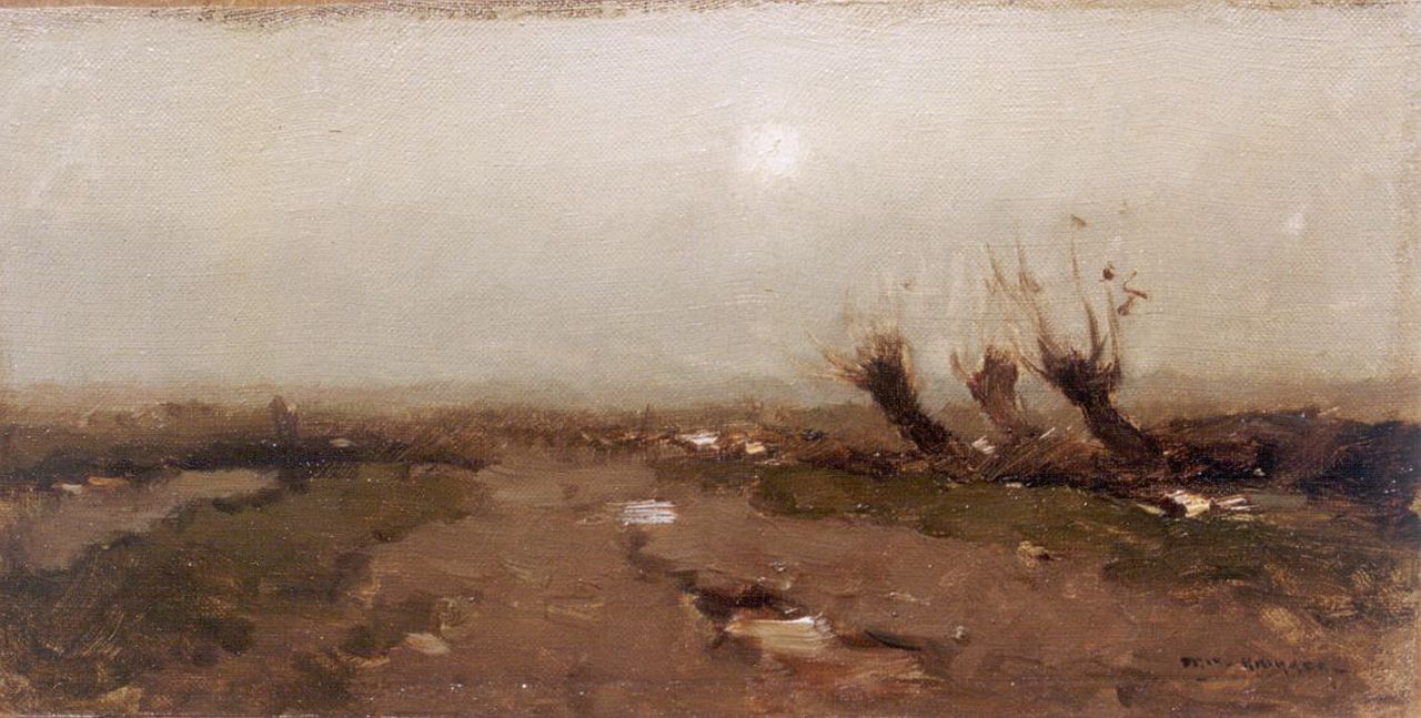 Knikker A. | Aris Knikker, Polderlandschap met knotwilgen, olieverf op doek op schildersboard 18,4 x 34,7 cm, gesigneerd rechtsonder Knikker A. | Aris Knikker, Polderlandschap met knotwilgen, olieverf op doek op schildersboard 18,4 x 34,7 cm, gesigneerd rechtsonder