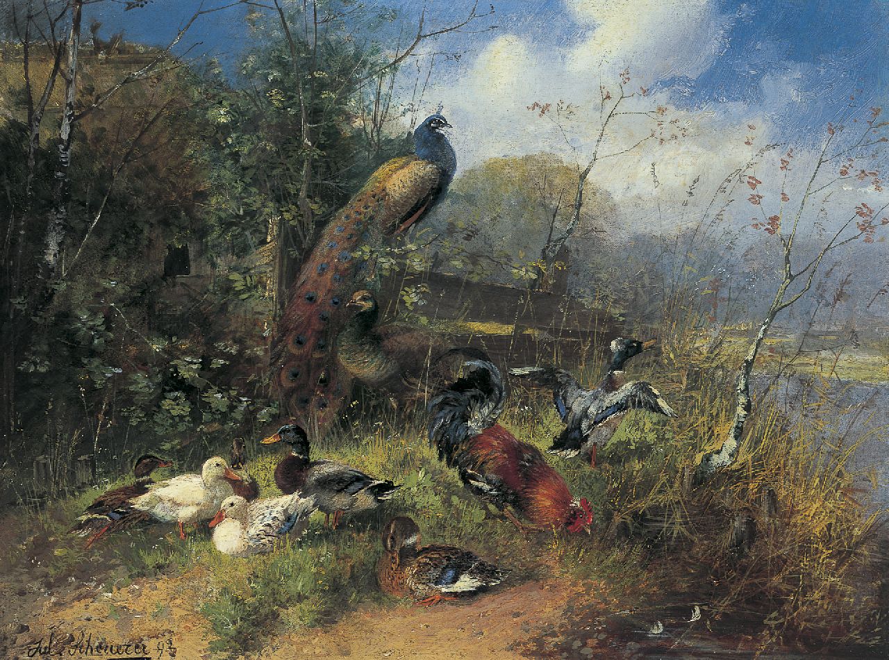 Scheuerer J.  | Julius Scheuerer, Hoenderhof, olieverf op paneel 24,0 x 32,4 cm, gesigneerd linksonder en gedateerd '93