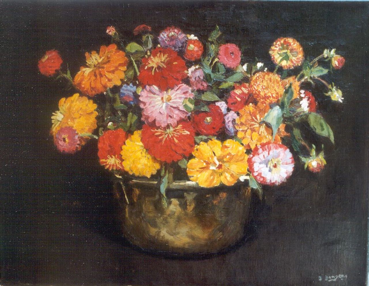 Bongers B.A. | Berend Adrianus Bongers, Zinnia's in koperen pot, olieverf op doek 44,6 x 56,9 cm, gesigneerd rechtsonder Bongers B.A. | Berend Adrianus Bongers, Zinnia's in koperen pot, olieverf op doek 44,6 x 56,9 cm, gesigneerd rechtsonder
