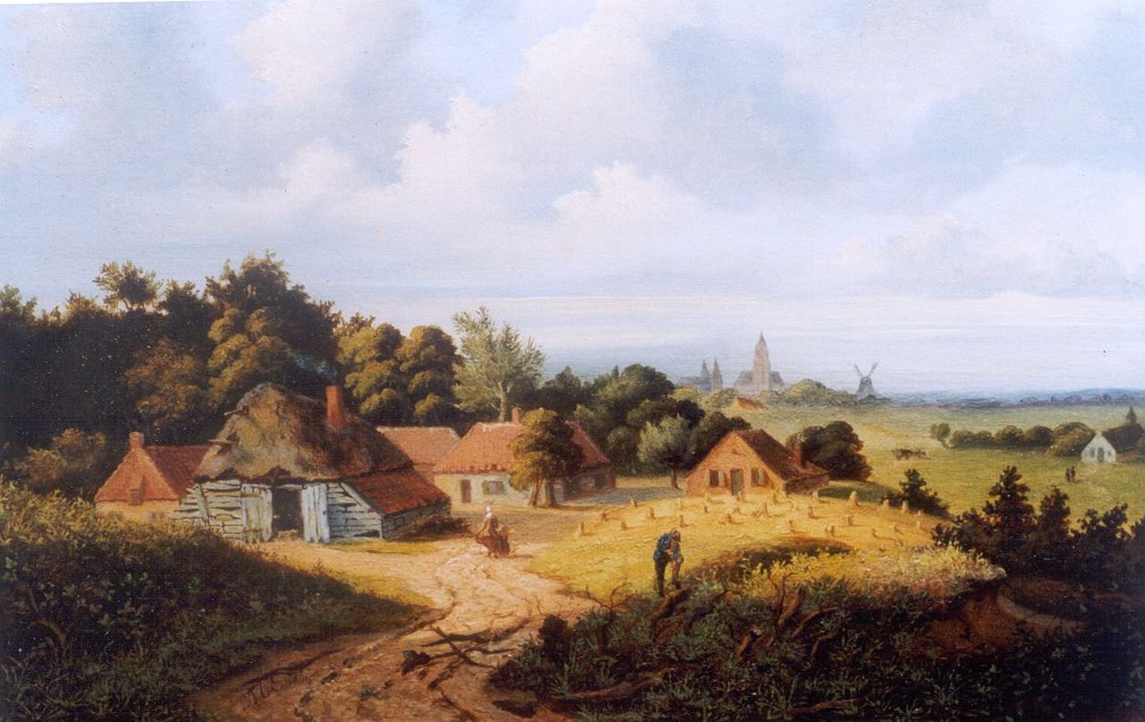 Perné M.E. | Mattheus Eliza Perné, Zomerlandschap met boerenhoeves met Arnhem in het verschiet (tezamen met pendant), olieverf op paneel 23,0 x 30,8 cm, gesigneerd linksonder met initialen Perné M.E. | Mattheus Eliza Perné, Zomerlandschap met boerenhoeves met Arnhem in het verschiet (tezamen met pendant), olieverf op paneel 23,0 x 30,8 cm, gesigneerd linksonder met initialen