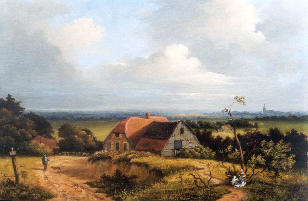 Perné M.E. | Mattheus Eliza Perné, Panoramisch zomerlandschap in de omgeving van Arnhem (tezamen met pendant), olieverf op paneel 23,2 x 30,7 cm, gesigneerd linksonder met initialen Perné M.E. | Mattheus Eliza Perné, Panoramisch zomerlandschap in de omgeving van Arnhem (tezamen met pendant), olieverf op paneel 23,2 x 30,7 cm, gesigneerd linksonder met initialen